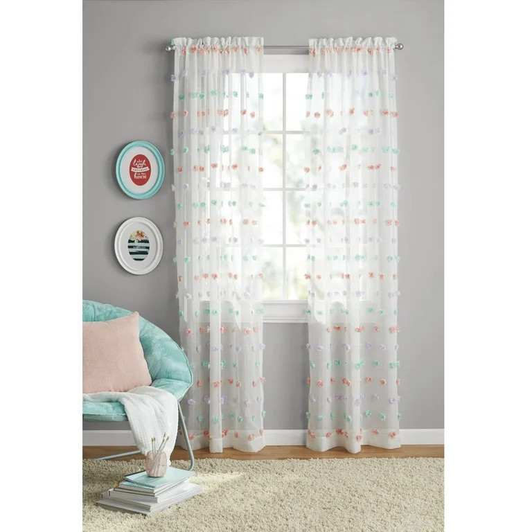 Your Zone Pom Pom Girls Bedroom Single Curtain Panel, 38" W x 84"L, Multicolor - Walmart.com | Walmart (US)
