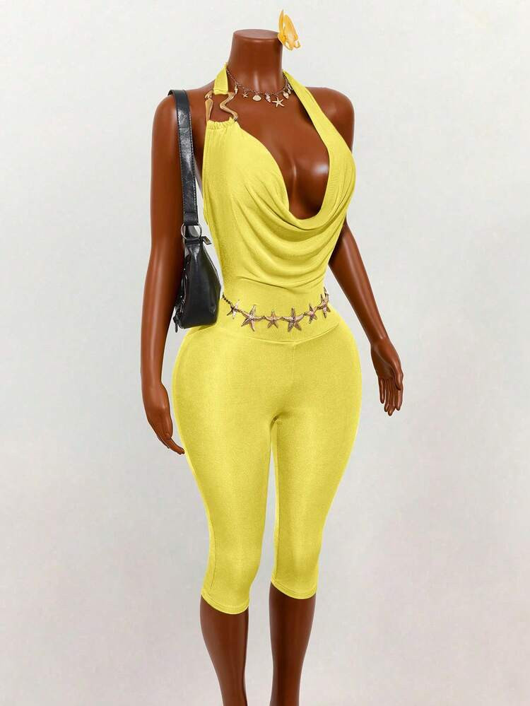 Mistrie Lemon Yellow & Green Crop Top With Backless Draped Neck Design, Metal Decor Splice Skinny 3/4 Pants, Shiny Rayon Blend Fabric, Suitable For Vacation, Party, Stage, Sexy Romper For Women | SHEIN