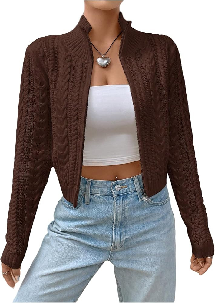 MakeMeChic Women's Cropped Cardigan Sweaters Fall Long Sleeve Y2K Zipper Cable Knit Jacket | Amazon (US)