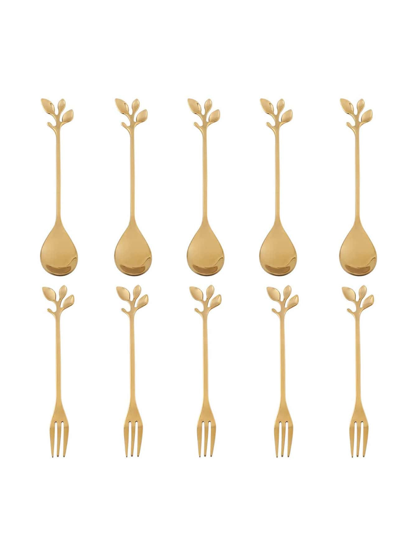 SHEIN X WOTP 10pcs/set Leaf Design Spoon & Fork, Small Gold Dessert Spoon And Fork For Dining | SHEIN