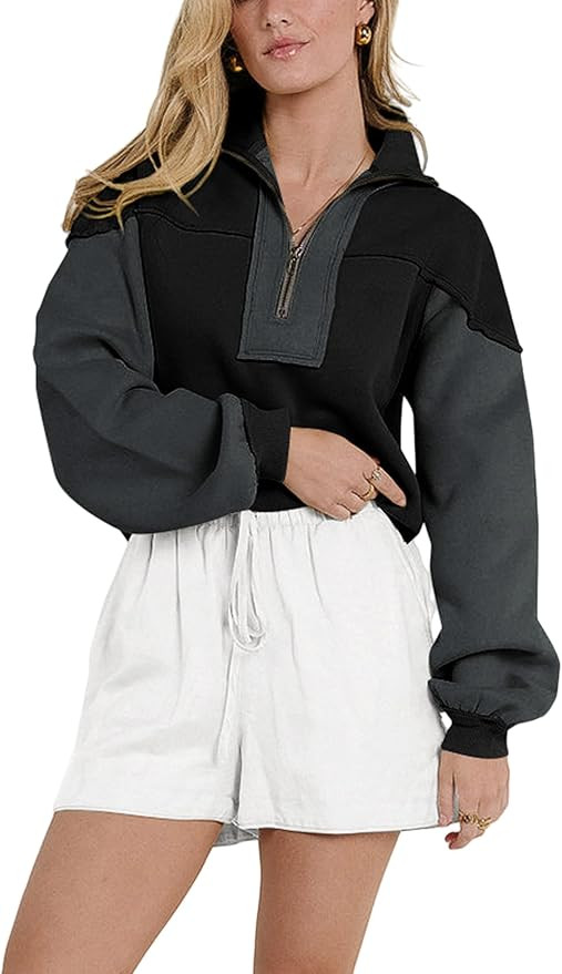 Women's Oversized Sweatshirts Color Block Pullovers Half Zipped Cropped Long Sleeve Casual Tops | Amazon (US)