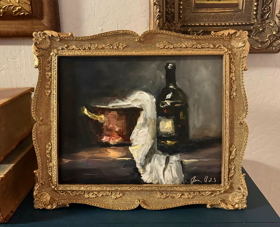 Art Original Oil Painting Still Life Copper and Wine Canvas Panel 8X10 Antique Gold Inapired Fram... | Etsy (US)