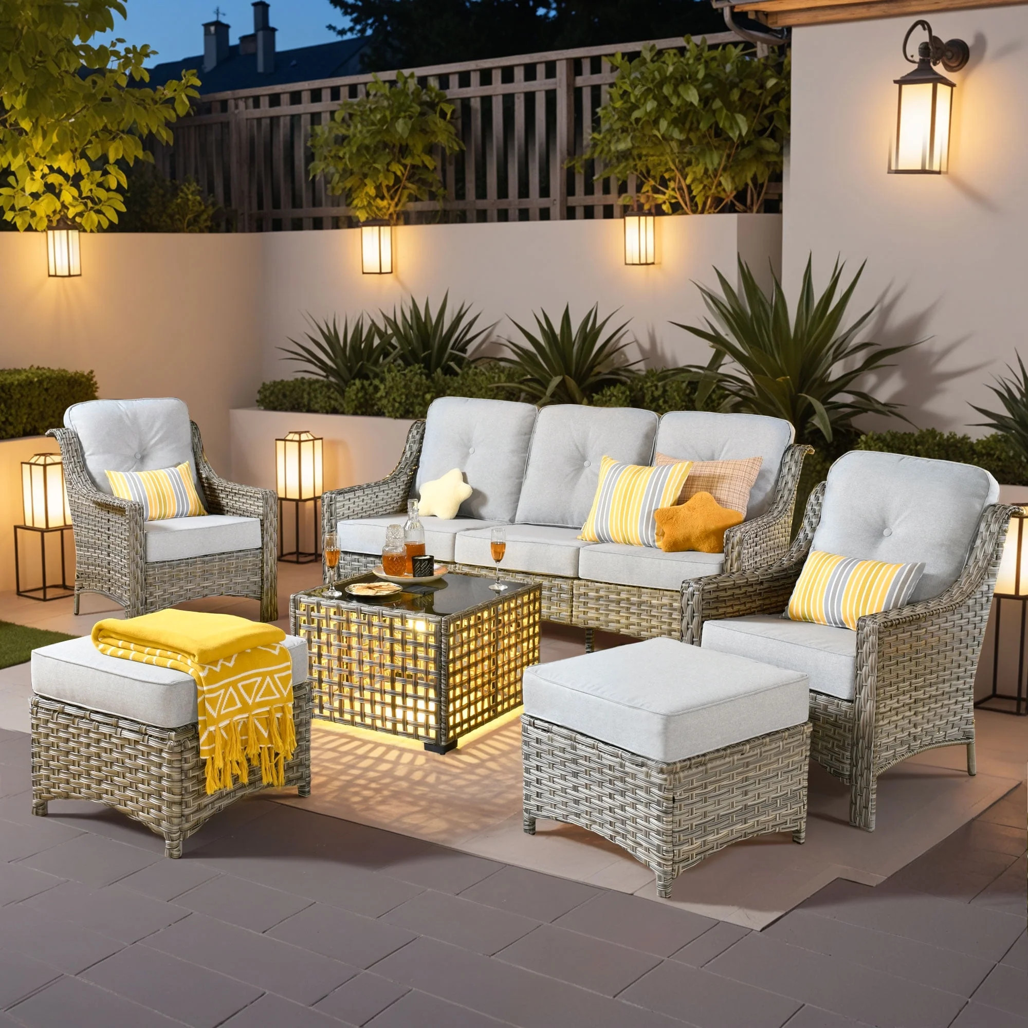 Ovios 6-Piece Outdoor Patio Furniture Set, High Back Wicker Sectional Conversation Set with Solar... | Walmart (US)