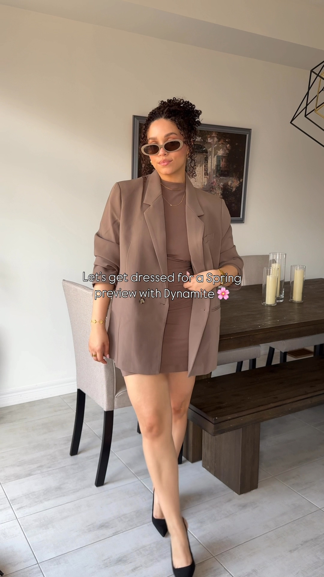 I’m wearing a medium in the dress and a L/XL in the blazer. The blazer is very oversized so you don’t have to size up, unless you’re like me and love a baggy fit! 