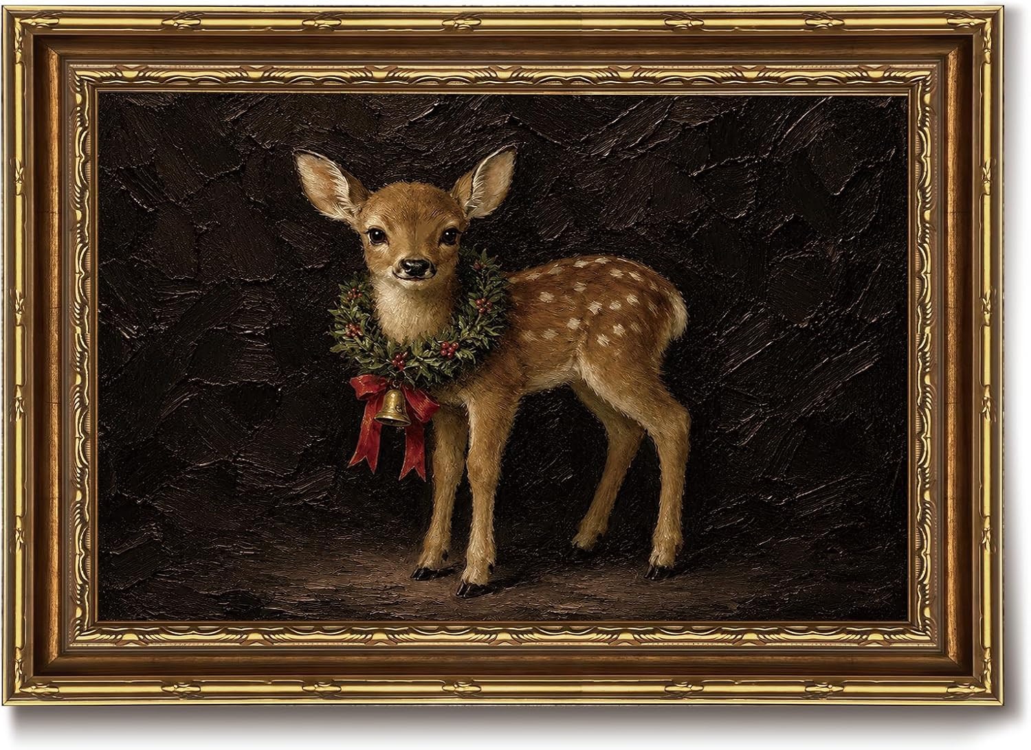 Christmas Deer Wreath Bell Vintage Wildlife Animal Wall Art Framed Print | Amazon (US)