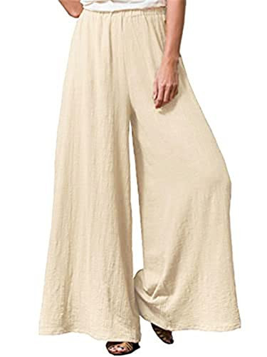 Hisanny Womens Plus Size Linen Pants Wide Leg Palazzo Trousers High Elastic Waist Flowy Culottes with Pockets Beige X-Large | Amazon (US)