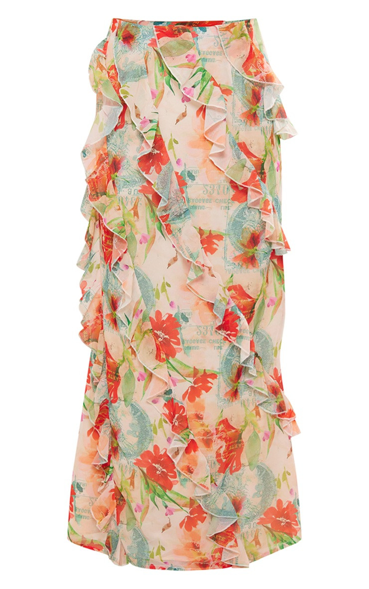 Jupe longue en mousseline de soie fleurie crème à volants | PrettyLittleThing (FR)