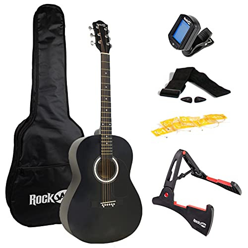 RockJam Acoustic Guitar Superkit Includes Stand, Gig Bag, Tuner, Picks, Plectrum Holder, Spare Strings & Online Lessons 6 Pack, Right, Black, Full (RJW-101-BK-PK) | Amazon (US)