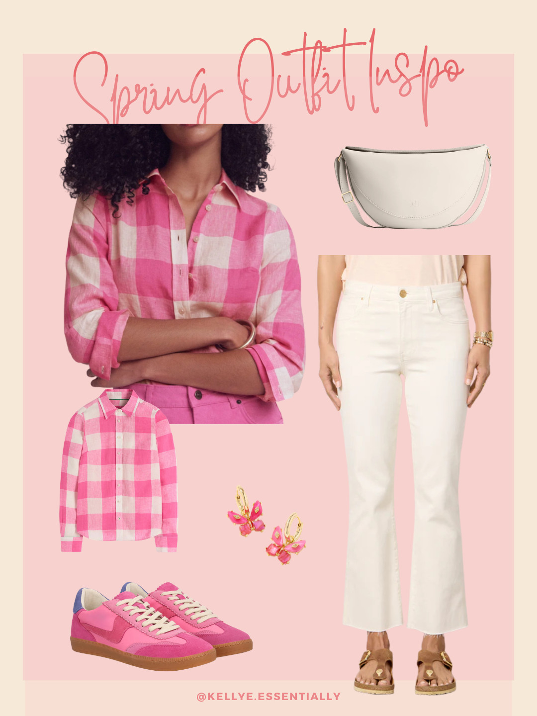 A pink gingham button down paired with white jeans is such an easy spring outfit formula. Add pink sneakers, neutral crossbody bag, and statement earrings for a fun pop of color. 

 #LTKootd #LTKSeasonal
