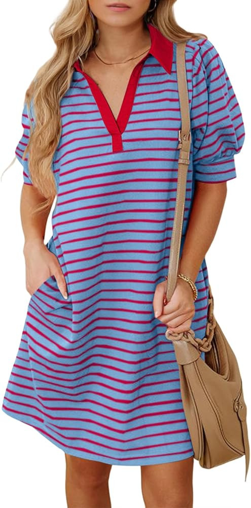 BLENCOT Womens Summer Stripes Dresses Casual Lapel Collared V Neck Puff Short Sleeve Color Block ... | Amazon (US)