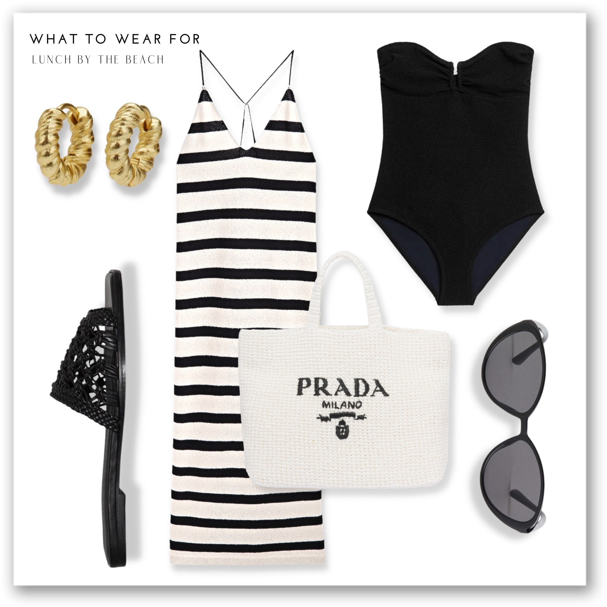 A black & white beach look 🏝️ 

Stripe dress, summer style, black sandals, Prada beach bag, gold hoops, strapless swimsuit 

#LTKstyletip #LTKSeasonal #LTKswim