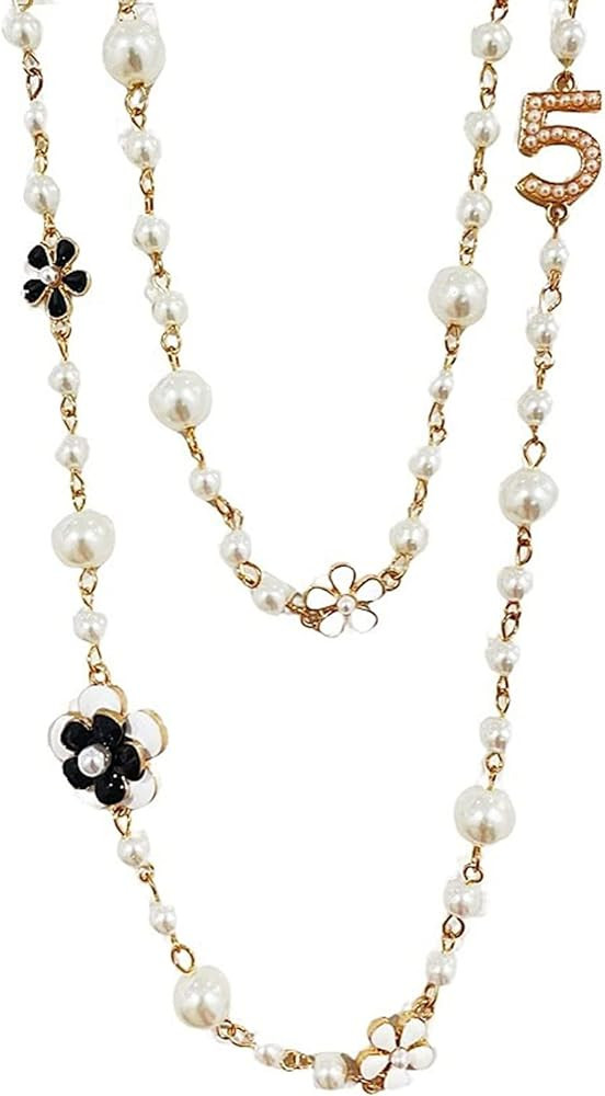 Fashion Jewelry Designer Pearl Camellia Necklace for Women Number 5 Long Double Stranded Necklace... | Amazon (US)