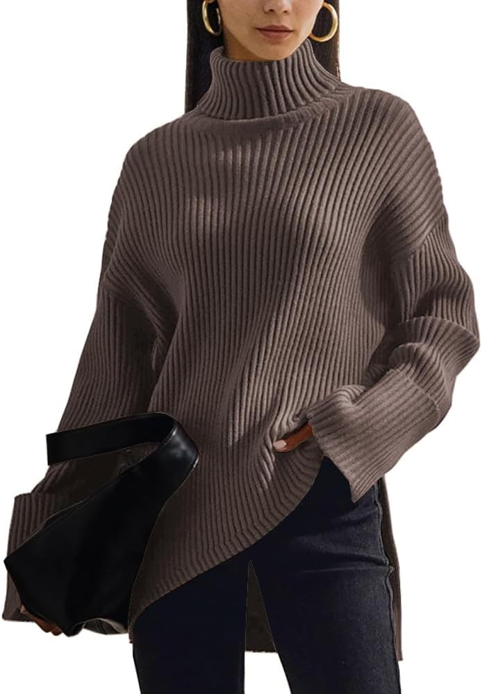 LILLUSORY Womens Oversized Sweaters Turtleneck Long Sleeve Asymmetric Hem Pullover Sweater | Amazon (US)