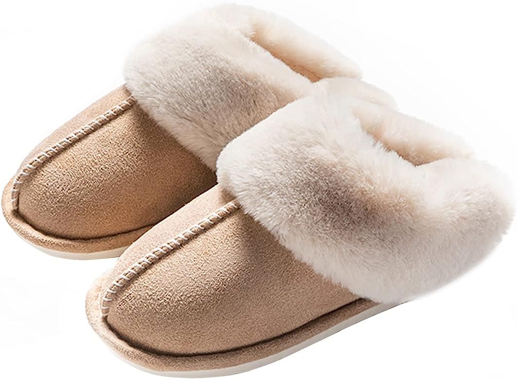 Amazon.com | Women's Fur Slippers Slip on Fluffy Warm Soft House Slippers, House Shoes by WATMAID... | Amazon (US)