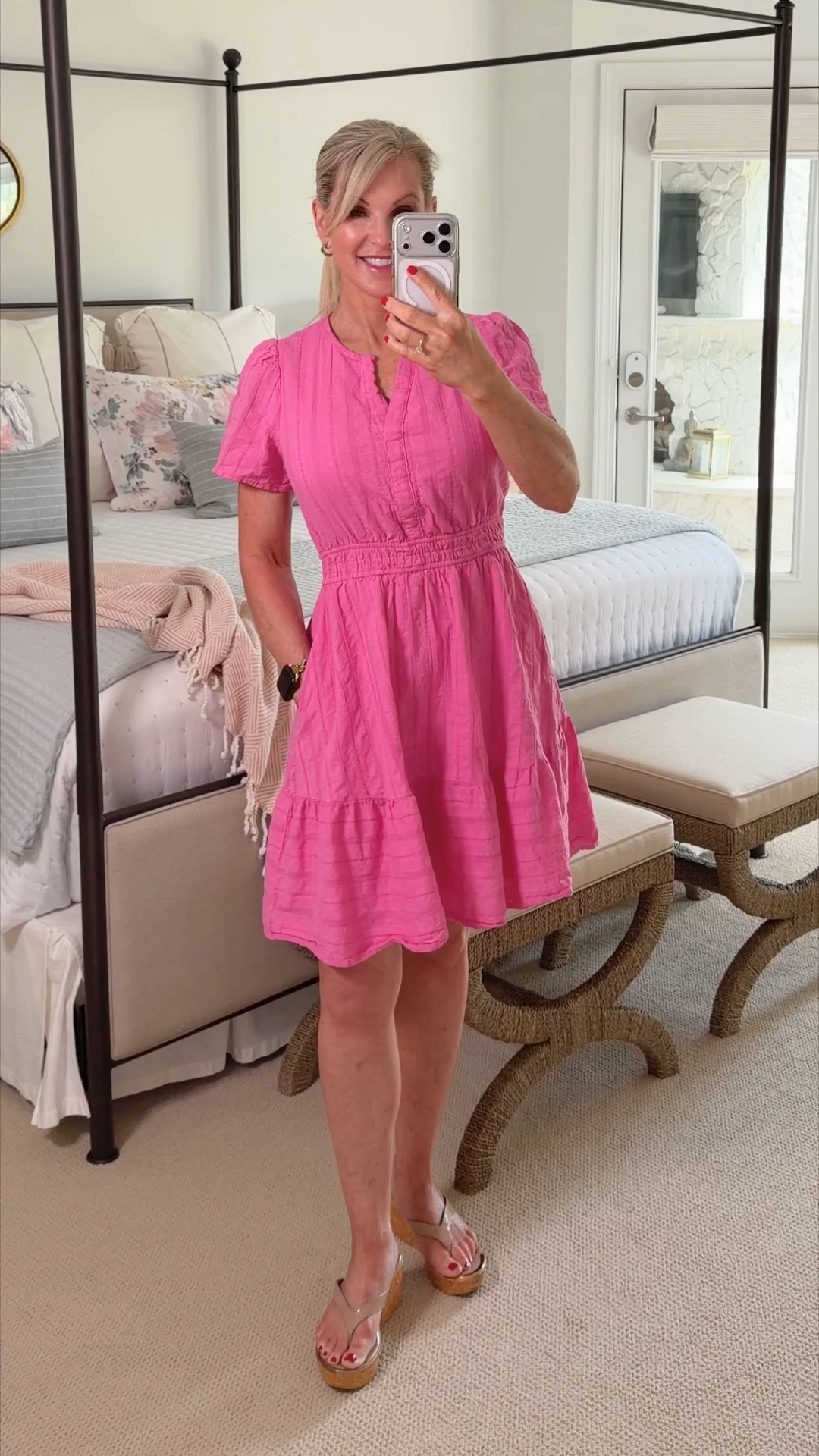 This summer dress is perfect for everyday looking cute and a beach vacation outfit for dinner.  Love the eyelet detail and pockets. Flatters different body types covering mommy tummies and heavy bottoms. . #summeroutfit #summerdress

#LTKOver40 #LTKTravel