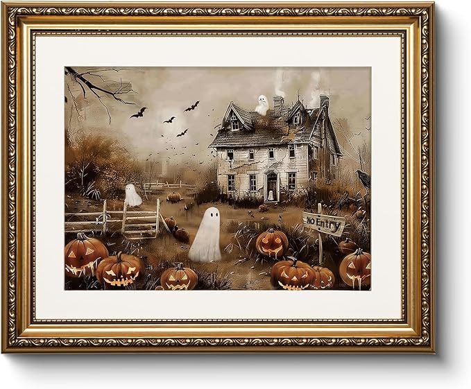 Vintage Gold Framed Spooky Halloween Wall Art, 13x16 Haunted House Jack-o’-Lanterns Bats Canvas... | Amazon (US)