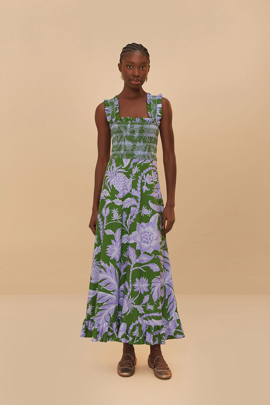 Green Tropical Swing Sleeveless Midi Dress | FarmRio (US)