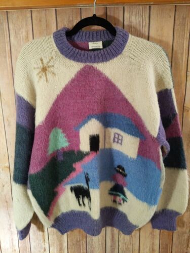 Handknit in Ecuador Alpaca Wool Mountain Village Scene Woman Llama Sweater Sz M  | eBay | eBay US