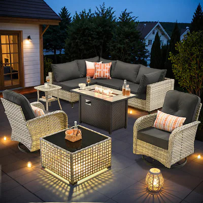 Ovios 9 -Piece Wicker Patio Conversation Set with Black Cushions | Lowe's