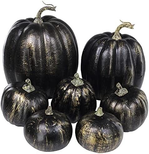 7 Pcs Assorted Artificial Gold Brush Black Pumpkins Rustic Decorative Halloween Pumpkins Faux Foa... | Amazon (US)