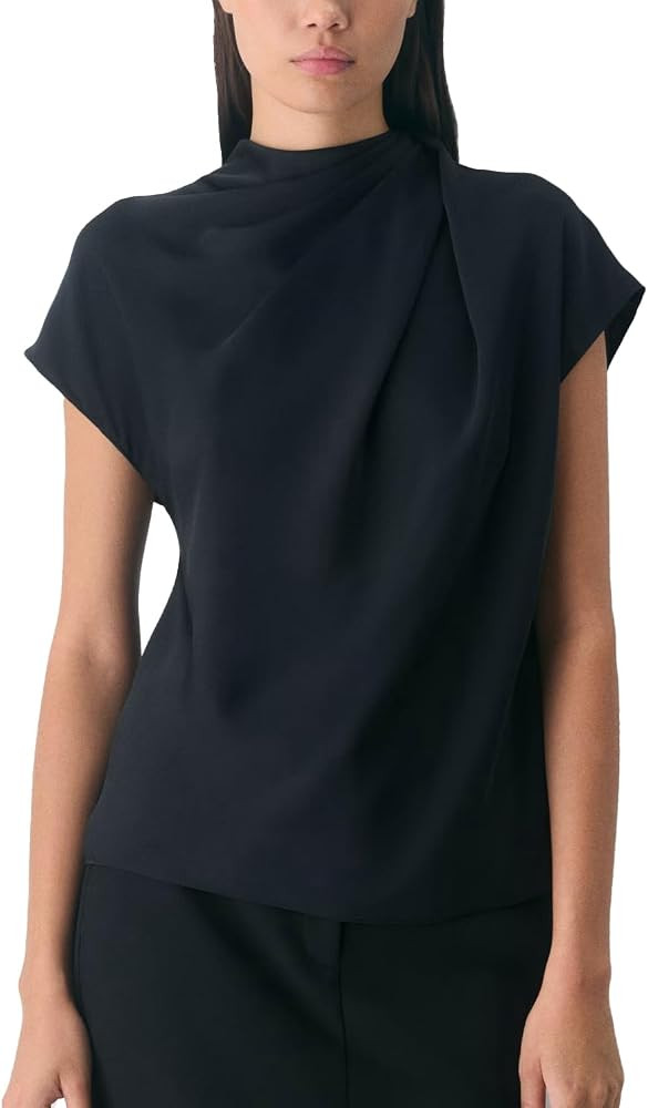 Womens Cap Sleeve Satin Blouse Mock Neck Silk Shirts Casual Dressy Summer Tank Tops Beach Outwear... | Amazon (US)