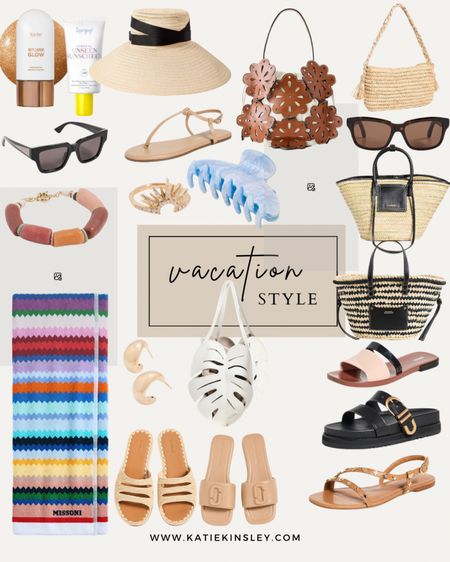 Resort accessories, resort style, sandals, sunglasses, beach towel, hair clip, chunky bracelet, sunscreen, beach tote, statement bag, gold earrings

#LTKStyleTip #LTKTravel #LTKItBag