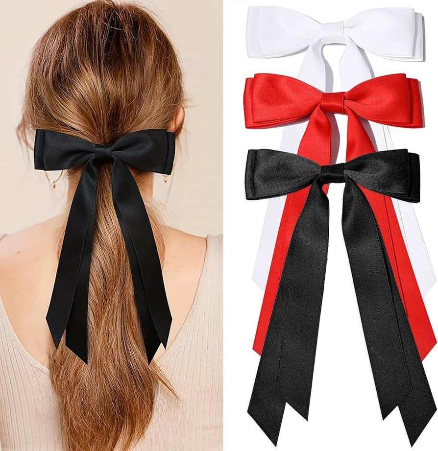 3Pcs Silky Satin Hair Bow Clips for Women Girls | Black White Red Bows for Hair with Long Tail | ... | Amazon (US)