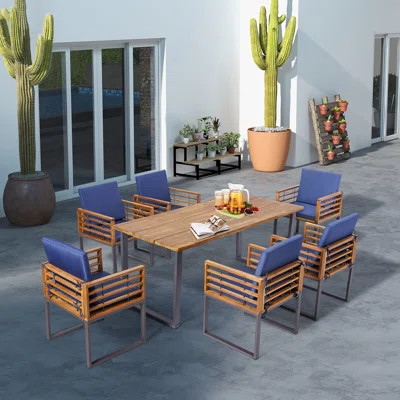 7pcs Acacia Wood Patio Dining Set Cushioned Dining Chair & Table Set W/ Umbrella Hole | Wayfair North America