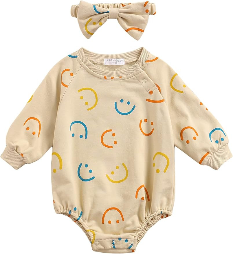 BULINGNA Infant Toddler Baby Girl Long Sleeve Smile Face Print Sweatshirt Romper Bodysuit with Bo... | Amazon (US)