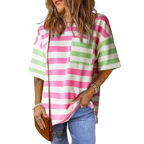 Amiblvowa Oversized Graphic Tee Tops for Women Y2K Cute Print Short Sleeve Loose People Dupes Tshirts Casual Free Baggy Aesthetic Streetwear Fall Clothes Rose Green | Amazon (US)