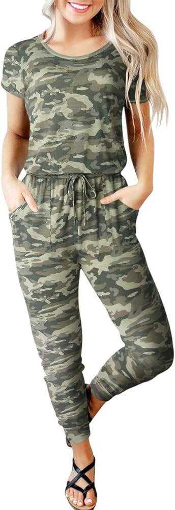 ANRABESS Women's Summer Short Sleeve Crewneck Elastic Waist Jogger Jumpsuit with Pockets | Amazon (US)