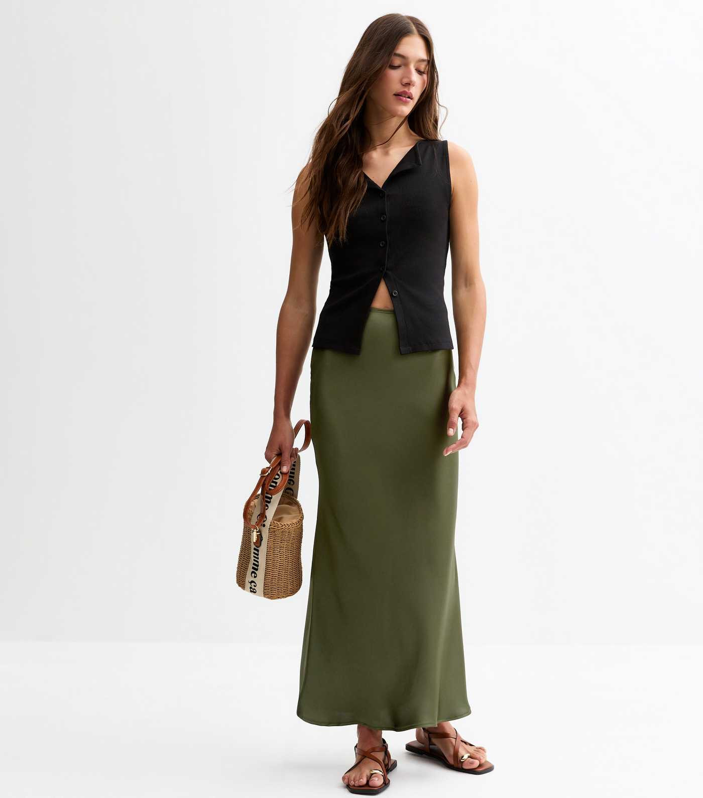 Khaki Satin Bias Cut Midi Skirt  | New Look | New Look (UK)