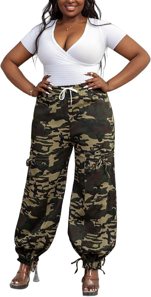 Womens Camo Cargo High Waist Pants Camouflage Military Elastic Jeans with Pockets | Amazon (US)