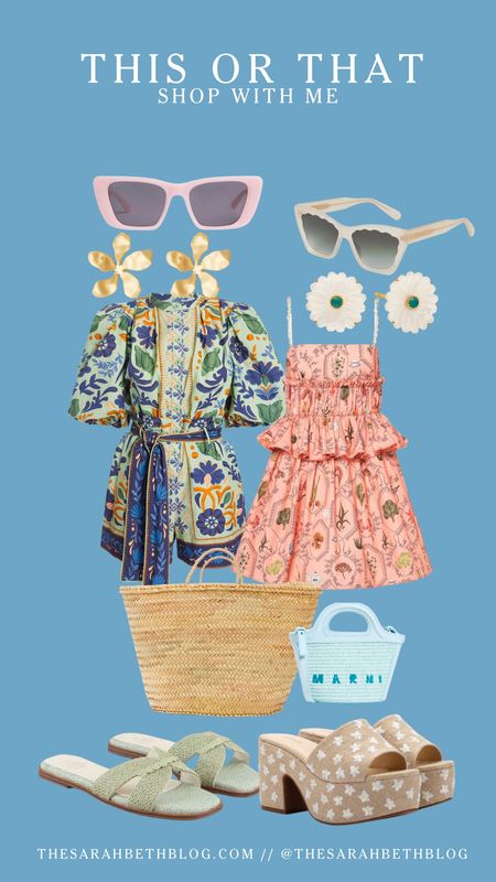 This or that - shop with me for a beach vacation. Farm rio, Agua by Agua bendita coral dress, tuckernuck, tuckernucking, krewe sunglasses, oasis society rattan sandals, larroude daisy platforms, marni tropical bag,

#LTKitbag #LTKswim #LTKtravel