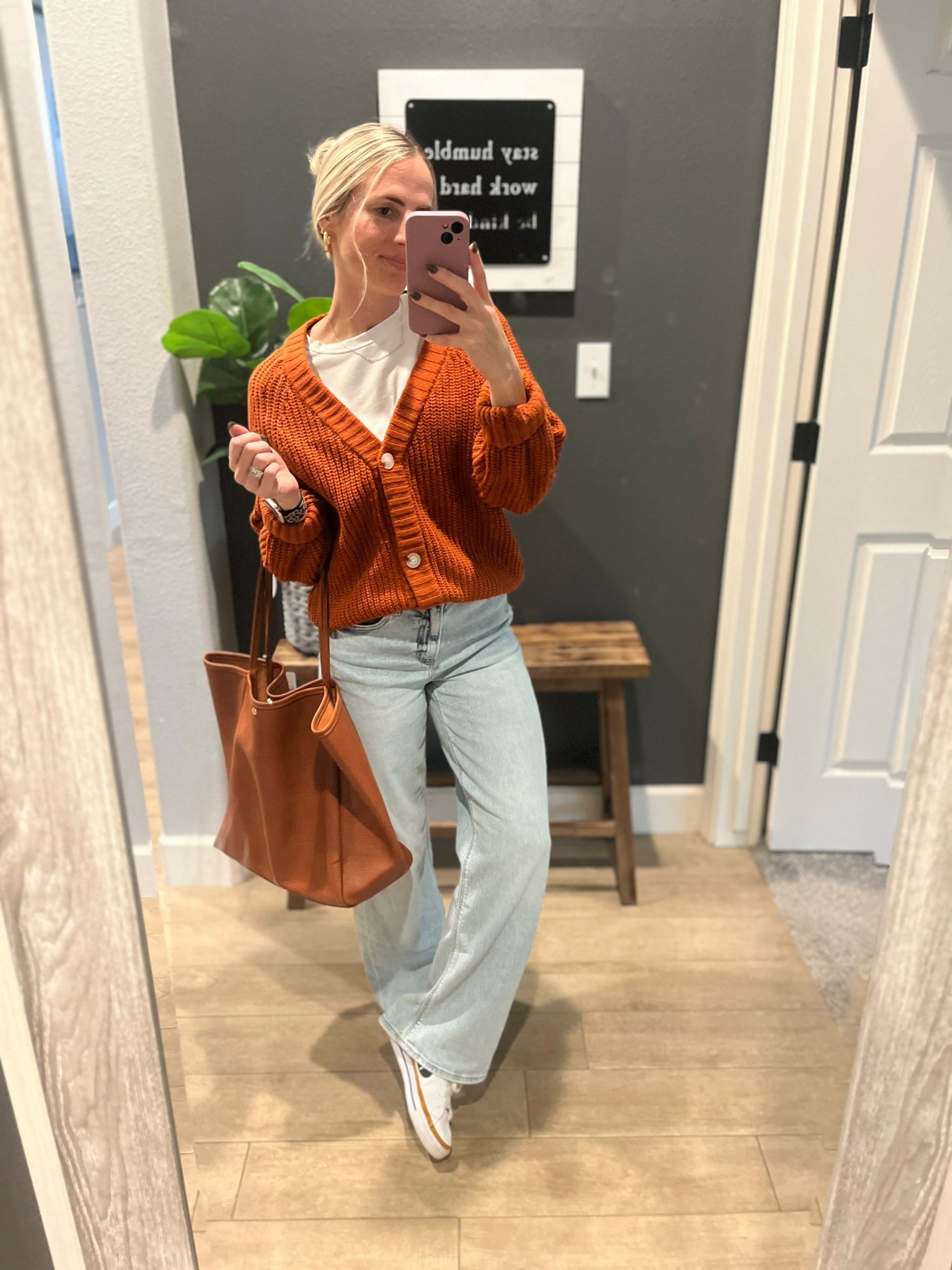 Casual fall look! These wide leg jeans are the softest, comfiest ever! I’m 5’3 and they aren’t too long! I did size down one as the reviews recommended it for a less baggy fit  