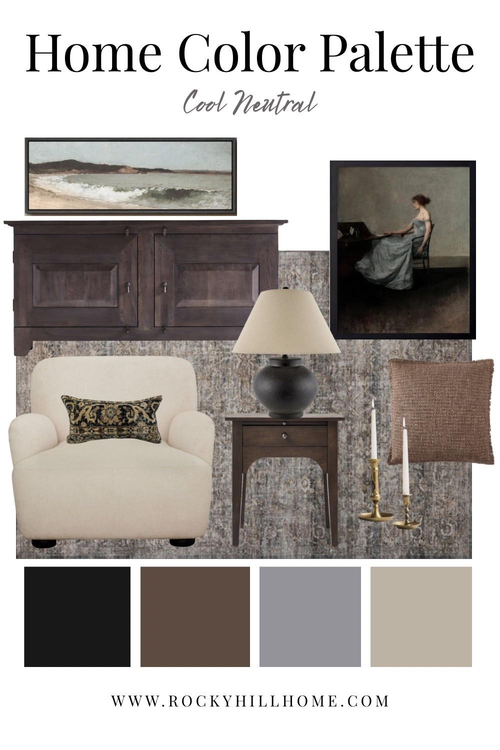 Cool neutral home color palette with layered blue-gray, taupe, brown and cream tones. Shop modern traditional furniture, artwork, and decor for a timeless and calming look.

affordable living room chair, crate and barrel credenza, cool wood tones, loloi x Amber interiors dove and gold rug, vintage candle holder, vintage art

#LTKFindsUnder50 #LTKHome #LTKStyleTip