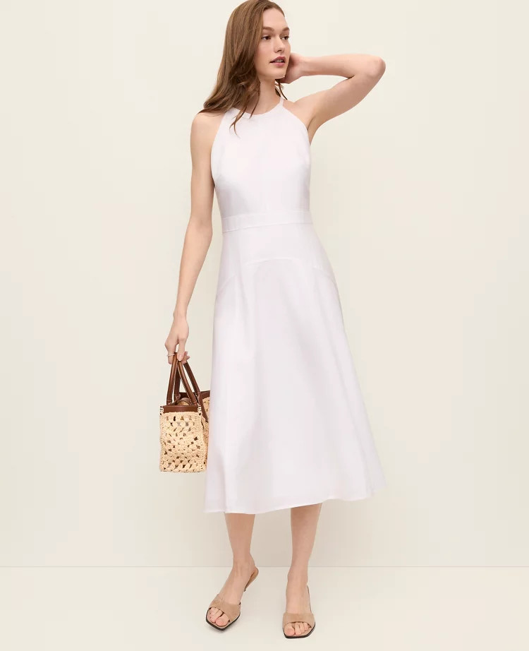 Halter Flare Midi Dress in Linen Blend | Ann Taylor
