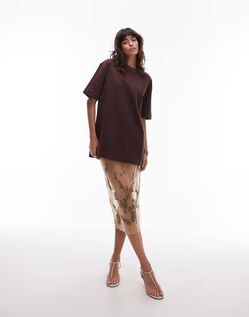& Other Stories sheer mesh skirt with bead and sequin embroidery in beige-Neutral | ASOS (Global)