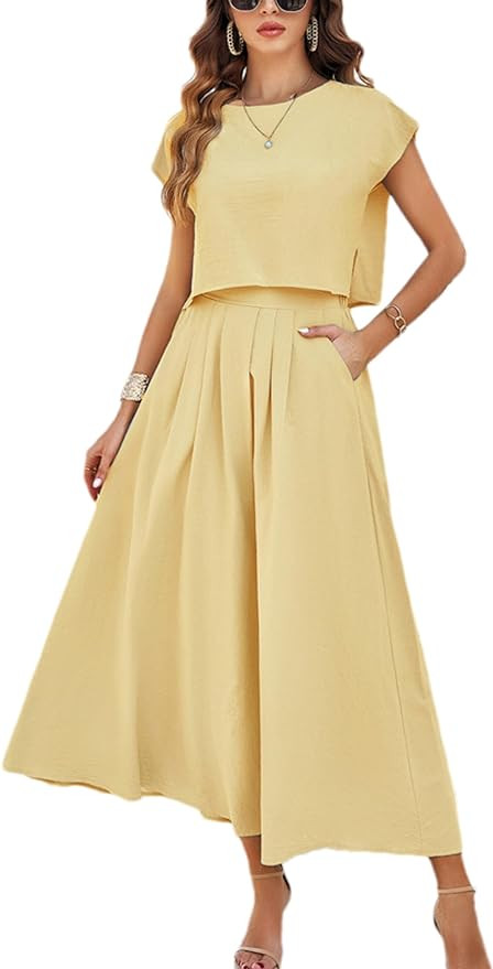 HangNiFang 2025 Summer Skirt Sets Women 2 Piece Outfits Cap Sleeve Top Elastic Waist Maxi Dress S... | Amazon (US)