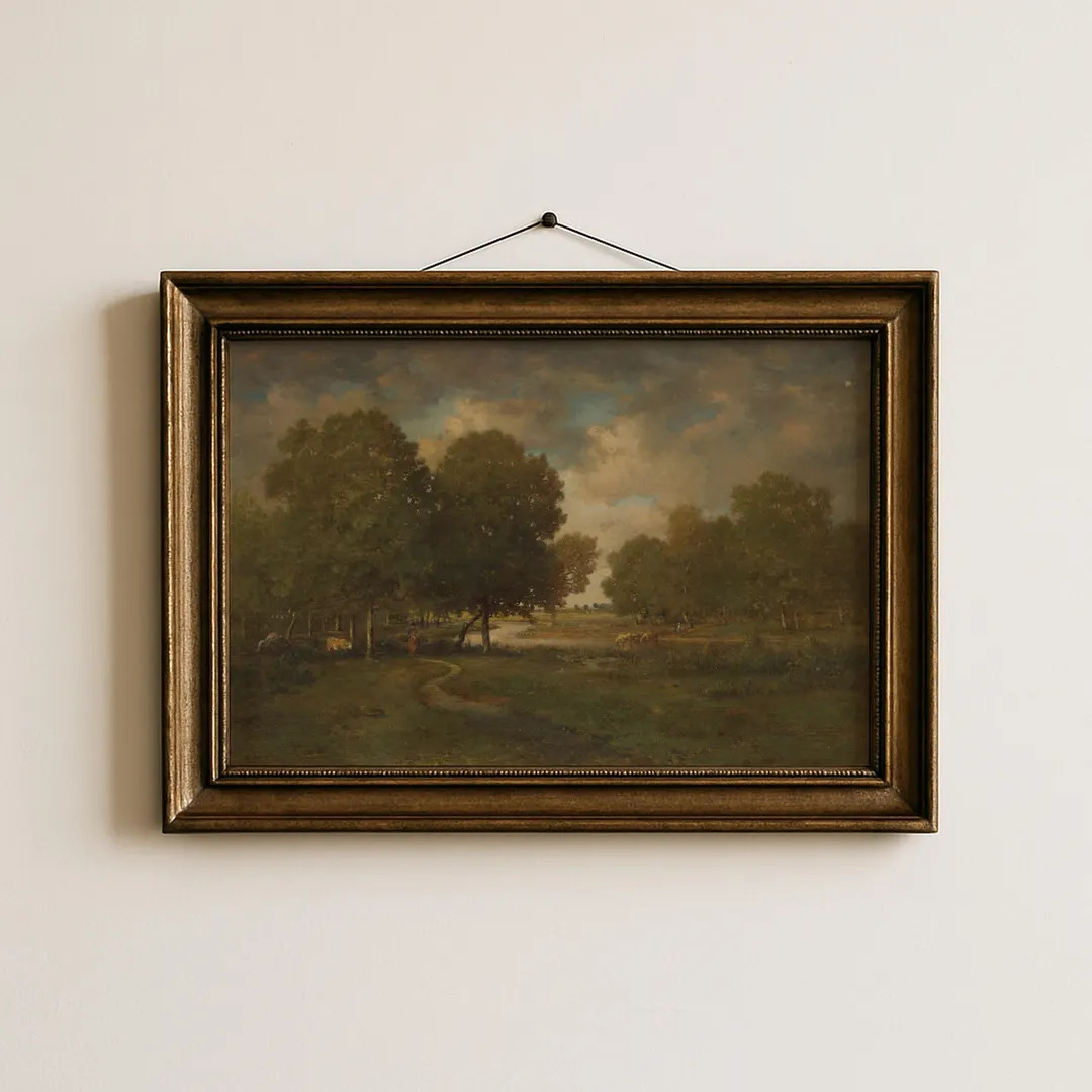 Moody Woodland Landscape Oil Painting | Vintage Forest Wall Art Printable | Earthy Living Room Ar... | Etsy (US)