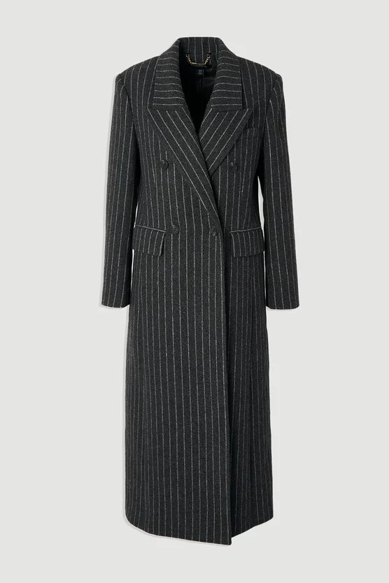 Brushed Wool Pinstripe Oversized Double Breasted Tailored Maxi Coat | Karen Millen UK + IE + DE + NL