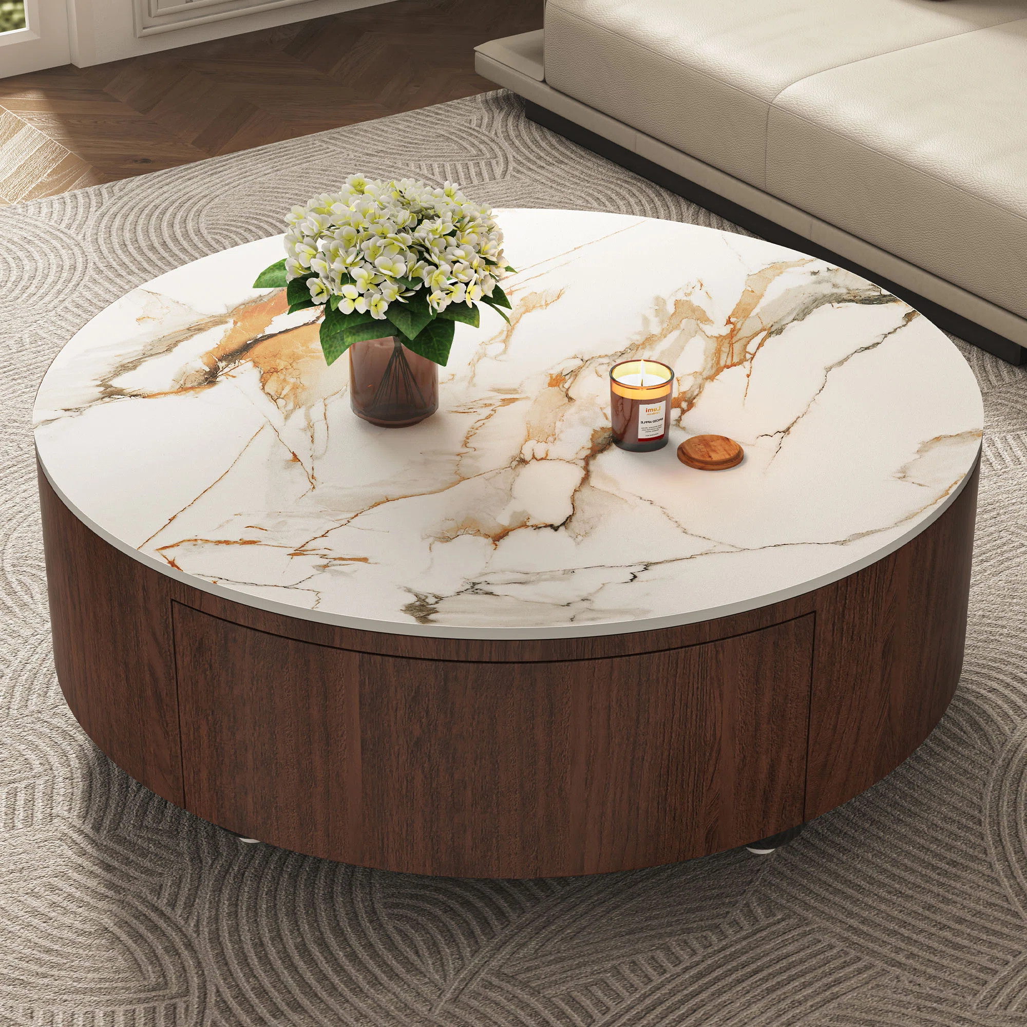 35.4" Round  Wood Coffee Table With 2 Storage, Modern Coffee Table With Faux Marble Finish & Waln... | Wayfair North America