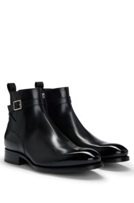 Leather jodhpur boots with zip closure and buckled strap- Black Men's Boots size 8.5 | Hugo Boss (US)