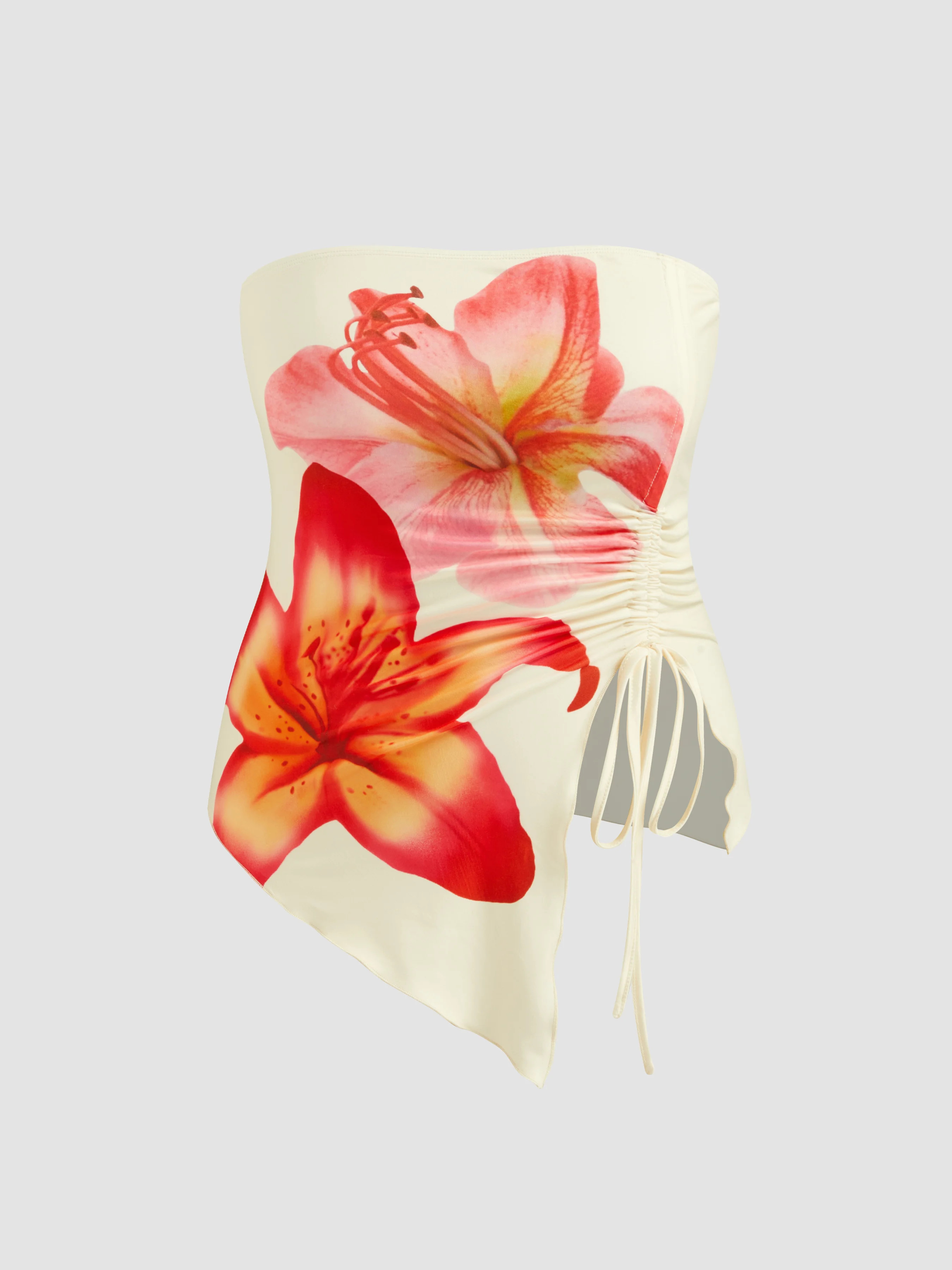 Knit Fabric Floral Graphic Drawstring Asymmetrical Hem Bandeau Top Curve & Plus For Vacation | Cider