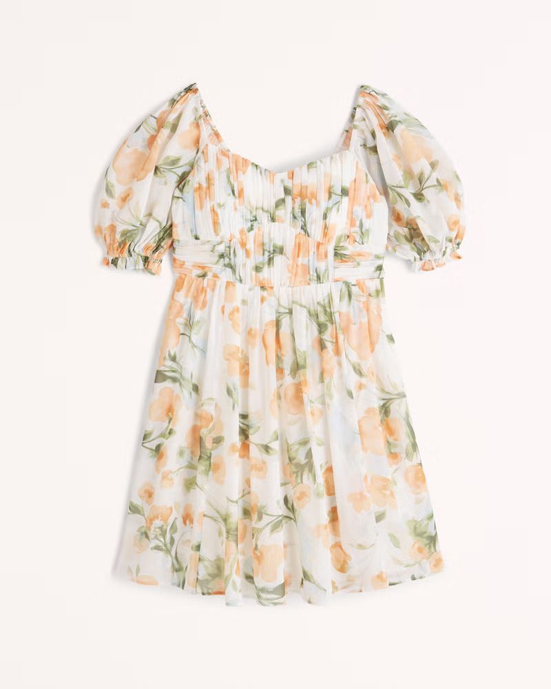 Ruched Ruffle Puff Sleeve Mini Dress | Abercrombie & Fitch (US)