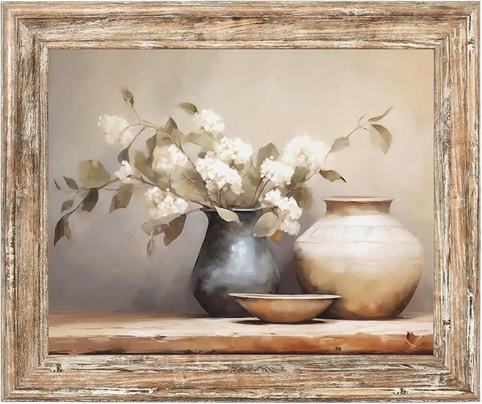 ASTRDECOR Framed Canvas Wall Art, Vintage White Flowers in Vase Still Life Painting, Rustic Farmh... | Amazon (US)