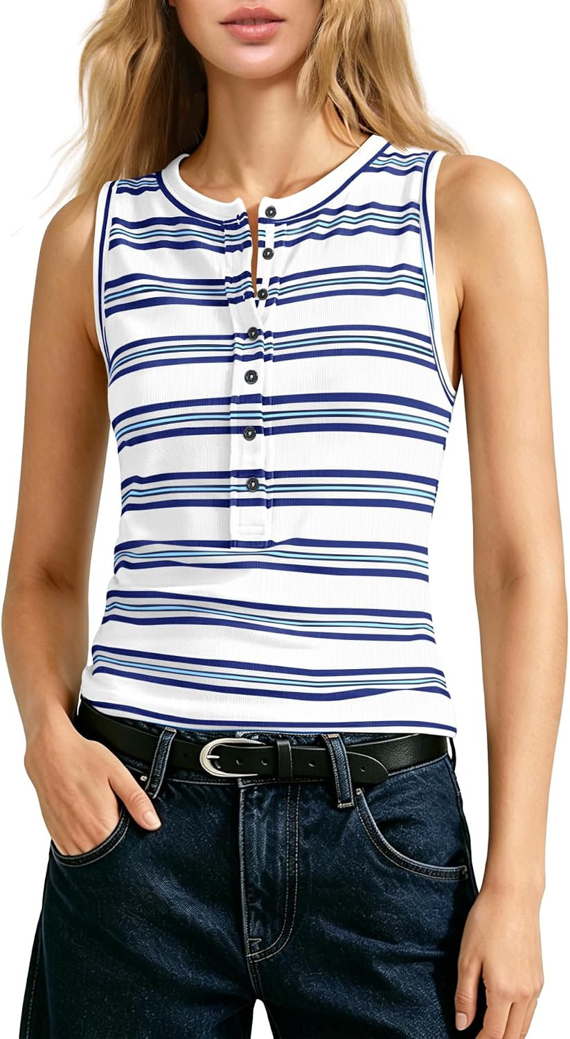 Yanekop Womens Striped Tank Top Slim Fit Henley Neck Button Down Cami Shirt | Amazon (US)