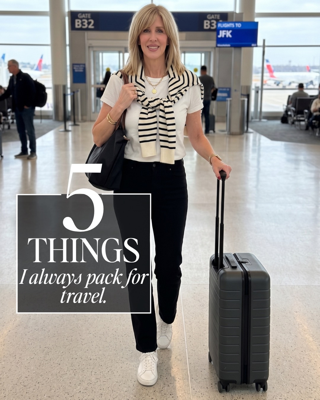Welcome to another edition of First Class Fridays, where I share 5 of my favorite travel items.  

This week’s picks:

👜 My all-leather catch-all pouch.  This holds all of my in-flight essentials and doubles as an evening clutch for nights out.  

👖 My favorite travel pants are wrinkle-resistant, look polished and chic, and can rival any pair of pajamas in feel and comfort.  

👙 Bras that feel like a second skin, are lightweight, breathable, and don’t leave any visible seams.  Plus, they provide great coverage.  

🧥 A lightweight, packable rain jacket for those just-in-case moments when the weather turns.  The longer back covers your booty, and the sleeves can be tightened so rain can’t get in.  Also has a hood, which I love.  

🪭And last, but not least, is my portable, rechargeable fan.  This gets packed for every trip I take during warm months or when I am traveling to warm destinations.  It’s under $10.  Holds a charge for a long time.  I’ve charged mine twice in a year, and I do a ton of traveling.

#LTKdayinmylife #LTKTravel #LTKOver40