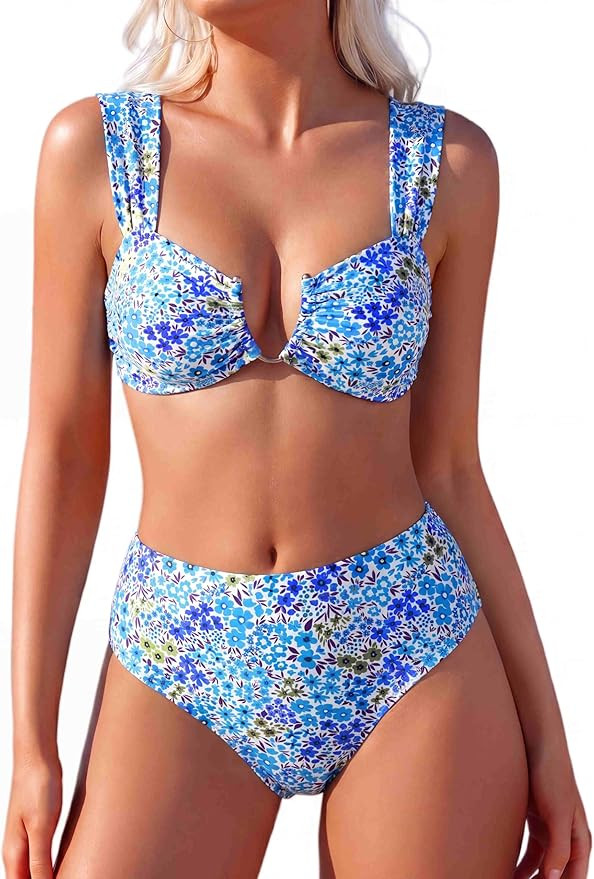 Fanuerg Women's High Waisted Bikini Sets Ditsy Floral Printed Two Piece Swimsuit Adjustable Strap... | Amazon (US)
