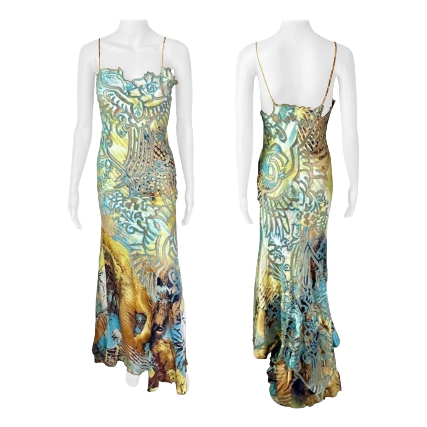 Roberto Cavalli S/S 2002 Runway Lion Print Sheer Mesh Silk Evening Dress Gown | 1stDibs